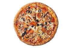 Aislado en la pizza de salchichones sabrosa blanca con las aceitunas fotografía de archivo Aislado en la pizza de salchichones sabrosa blanca con las aceitunas fotografía de archivo