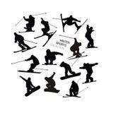 Ajuste a coleção do esquiador alpino preto s e das silhuetas dos snowboarders isoladas no fundo branco Imagens de Stock Ajuste a coleção do esquiador alpino preto s e das silhuetas dos snowboarders isoladas no fundo branco Imagens de Stock