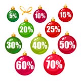 Ajuste das etiquetas do desconto 10,15,20,25,30,40,50,60,70 por cento fora na forma de bolas do Natal Disconto do feriado de inve ilustração do vetor Ajuste das etiquetas do desconto 10,15,20,25,30,40,50,60,70 por cento fora na forma de bolas do Natal Disconto do feriado de inve ilustração do vetor