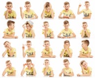 Ajuste das imagens emocionais de um menino do adolescente em um t-shirt amarelo, colagem Close-up, fundo branco foto de stock royalty free Ajuste das imagens emocionais de um menino do adolescente em um t-shirt amarelo, colagem Close-up, fundo branco foto de stock royalty free
