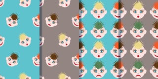 Ajuste de quatro testes padrões sem emenda com smiley engraçados no estilo dos desenhos animados A imagem do cabelo colorido de c ilustração royalty free Ajuste de quatro testes padrões sem emenda com smiley engraçados no estilo dos desenhos animados A imagem do cabelo colorido de c ilustração royalty free