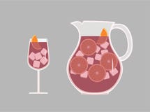 Ajuste do jarro e do vidro com um vinho espanhol de refrescamento da sangria da bebida com as laranjas do gelo e da fatia ilustração do vetor Ajuste do jarro e do vidro com um vinho espanhol de refrescamento da sangria da bebida com as laranjas do gelo e da fatia ilustração do vetor
