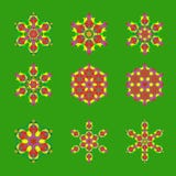Ajuste do projeto nove liso com os flocos de neve abstratos isolados no fundo verde Mandala dos flocos de neve do vetor ilustração stock Ajuste do projeto nove liso com os flocos de neve abstratos isolados no fundo verde Mandala dos flocos de neve do vetor ilustração stock