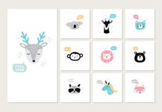 Ajuste dos animais desenhados ? m?o bonitos em cart?o Caras dos desenhos animados dos cervos, da coala, do macaco, do guaxinim, d ilustração do vetor Ajuste dos animais desenhados ? m?o bonitos em cart?o Caras dos desenhos animados dos cervos, da coala, do macaco, do guaxinim, d ilustração do vetor