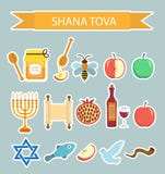 Ajuste etiquetas dos ícones no ano novo judaico, Rosh Hashanah, Shana Tova Estilo liso das etiquetas dos ícones dos desenhos anim Imagem de Stock Royalty Free Ajuste etiquetas dos ícones no ano novo judaico, Rosh Hashanah, Shana Tova Estilo liso das etiquetas dos ícones dos desenhos anim Imagem de Stock Royalty Free