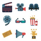 Ajuste ícones da cor do cinema, elementos do projeto isolados no fundo branco Estilo liso ilustração stock Ajuste ícones da cor do cinema, elementos do projeto isolados no fundo branco Estilo liso ilustração stock