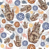 Akwarela bezszwowy wzór na Indiańskim temacie, tureckim ogórku w czerwieni i pomarańcze, barwi z ludzkimi rękami, palmy z wzorem ilustracja wektor Akwarela bezszwowy wzór na Indiańskim temacie, tureckim ogórku w czerwieni i pomarańcze, barwi z ludzkimi rękami, palmy z wzorem ilustracja wektor