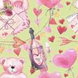 Akwarela romantyczny bezszwowy wzór dla walentynka dnia z misiami, butelką wino, listem, balonami i sercami, royalty ilustracja Akwarela romantyczny bezszwowy wzór dla walentynka dnia z misiami, butelką wino, listem, balonami i sercami, royalty ilustracja