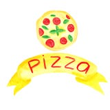 Akwarela ustawiaj?ca z pizz?, pizza plasterki, pizzy inskrypcja royalty ilustracja Akwarela ustawiaj?ca z pizz?, pizza plasterki, pizzy inskrypcja royalty ilustracja