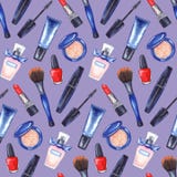 Akwareli kobiet ` s tusz do rzęs, kremowa tubka, czerwona pomadka, gwoździa połysku manicure'u kosmetyki uzupełniał ustalonego be Obrazy Royalty Free Akwareli kobiet ` s tusz do rzęs, kremowa tubka, czerwona pomadka, gwoździa połysku manicure'u kosmetyki uzupełniał ustalonego be Obrazy Royalty Free