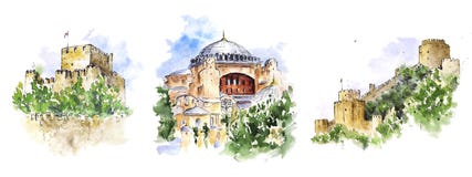 Akwareli nakreślenia Istanbuł widoki: Hagia Sophia i dwa kasztelu royalty ilustracja Akwareli nakreślenia Istanbuł widoki: Hagia Sophia i dwa kasztelu royalty ilustracja