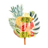 Akwareli tropikalna ilustracja z lodem, owoc i kwiatami owoc, ilustracja wektor Akwareli tropikalna ilustracja z lodem, owoc i kwiatami owoc, ilustracja wektor