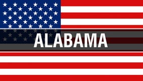 Alabama stat på en USA flaggabakgrund, tolkning 3D USA flagga som vinkar i vinden Stolt vinka för amerikanska flaggan vektor illustrationer Alabama stat på en USA flaggabakgrund, tolkning 3D USA flagga som vinkar i vinden Stolt vinka för amerikanska flaggan vektor illustrationer