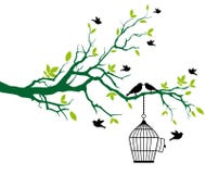Albero della sorgente con il birdcage e gli uccelli baciare illustrazione vettoriale Albero della sorgente con il birdcage e gli uccelli baciare illustrazione vettoriale