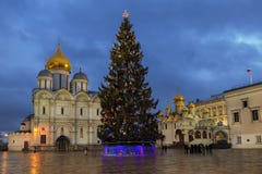 Albero di Natale sul quadrato della cattedrale del Cremlino di Mosca nella sera di inverno Mosca, immagine stock Albero di Natale sul quadrato della cattedrale del Cremlino di Mosca nella sera di inverno Mosca, immagine stock