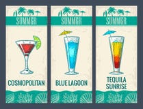 Alcohol cocktail set. Cosmopolitan, blue lagoon and tequila sunrise. royalty free illustration Alcohol cocktail set. Cosmopolitan, blue lagoon and tequila sunrise. royalty free illustration
