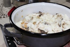 Alimentos cozinhados com cogumelos, a galinha e creme de leite cozidos imagens de stock royalty free Alimentos cozinhados com cogumelos, a galinha e creme de leite cozidos imagens de stock royalty free