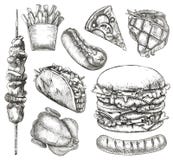 Alimentos de preparación rápida, bosquejos, dibujo de la mano ilustración del vector Alimentos de preparación rápida, bosquejos, dibujo de la mano ilustración del vector