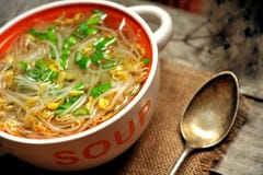 Alkaline, healthy lunch: soybeans sprout soup and bread stock photography Alkaline, healthy lunch: soybeans sprout soup and bread stock photography