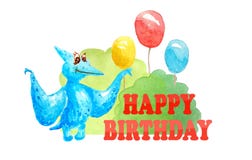 Alles Gute zum Geburtstag der Gru?karte mit blauem Dinosaurierpterodaktylus und drei Ballons und B?sche auf dem wei?en Hintergrun lizenzfreie abbildung Alles Gute zum Geburtstag der Gru?karte mit blauem Dinosaurierpterodaktylus und drei Ballons und B?sche auf dem wei?en Hintergrun lizenzfreie abbildung