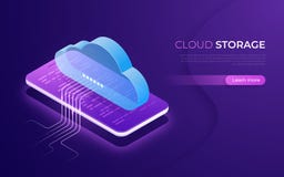 Almacenamiento y tecnología, web hosting, concepto isométrico de reserva de la nube de datos ilustración del vector Almacenamiento y tecnología, web hosting, concepto isométrico de reserva de la nube de datos ilustración del vector