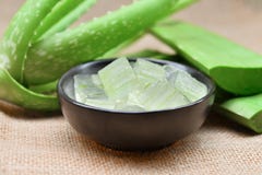 Aloe πήκτωμα της Βέρα στο μαύρο κύπελλο και φύλλο στο αγροτικό ύφασμα στοκ φωτογραφία με δικαίωμα ελεύθερης χρήσης Aloe πήκτωμα της Βέρα στο μαύρο κύπελλο και φύλλο στο αγροτικό ύφασμα στοκ φωτογραφία με δικαίωμα ελεύθερης χρήσης