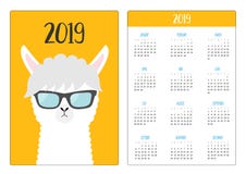 Alpaca llama animal face wearing sun glassess. Simple pocket calendar layout 2019 new year. Week starts Sunday. Cute cartoon. Character. Vertical orientation royalty free illustration Alpaca llama animal face wearing sun glassess. Simple pocket calendar layout 2019 new year. Week starts Sunday. Cute cartoon. Character. Vertical orientation royalty free illustration