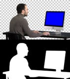 Businessman working with a computer, Alpha Channel. Blue Screen Mock-up Display. stock images Businessman working with a computer, Alpha Channel. Blue Screen Mock-up Display. stock images