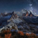 Alps Mountain landscape with night sky and Mliky way, Tre Cime d Stock Images Alps Mountain landscape with night sky and Mliky way, Tre Cime d Stock Images