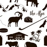 The Alps seamless pattern flat icons. Mountain Matterhorn, Alpine ibex, chalet, edelweiss, alpenhorn. royalty free illustration The Alps seamless pattern flat icons. Mountain Matterhorn, Alpine ibex, chalet, edelweiss, alpenhorn. royalty free illustration