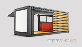 Alte Versandverpackung wird in eine schicke Kaffeestube, Illustration 3d umgewandelt vektor abbildung Alte Versandverpackung wird in eine schicke Kaffeestube, Illustration 3d umgewandelt vektor abbildung