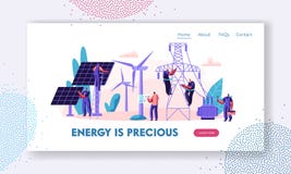 Alternatief Schone Energieconcept met Zonnepanelen, Windturbines en Ingenieur Character Landing Page Vernieuwbare Krachtbronnen royalty-vrije illustratie Alternatief Schone Energieconcept met Zonnepanelen, Windturbines en Ingenieur Character Landing Page Vernieuwbare Krachtbronnen royalty-vrije illustratie