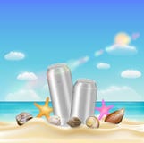 Aluminium beverage can and sea shell starfish on a sea sand beach Stock Photos Aluminium beverage can and sea shell starfish on a sea sand beach Stock Photos