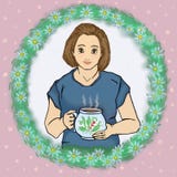Ama de casa hermosa con una taza de ejemplo de la trama del té ilustración del vector Ama de casa hermosa con una taza de ejemplo de la trama del té ilustración del vector