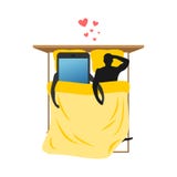 Amante de artilugios Hombre y smartphone en cama Mantas y almohada ilustración del vector Amante de artilugios Hombre y smartphone en cama Mantas y almohada ilustración del vector