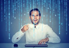 Amazed man software engineer coding using a computer and holding a cup of coffee royalty free stock photography Amazed man software engineer coding using a computer and holding a cup of coffee royalty free stock photography