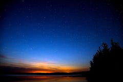 Amazing colorful sky after sunset by the river. Sunset and night sky with a lot of stars