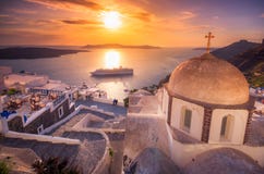 evening amazing santorini fira caldera volcano greece cruise ships sunset