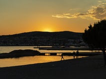 Amazing, golden sunset over famous tourist destination of Vodice, town on the dalmatian coast of Croatia at the start of the