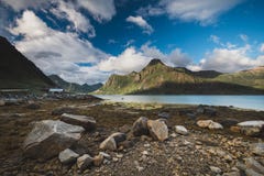 Amazing shores of Flakstadpollen sea bay on Lofoten, Norway royalty free stock image Amazing shores of Flakstadpollen sea bay on Lofoten, Norway royalty free stock image