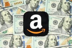 Amazon icon printed on paper and placed on money background