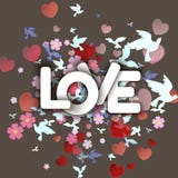 Ame la palabra blanca con las flores, los corazones y los pájaros Imagenes de archivo Ame la palabra blanca con las flores, los corazones y los pájaros Imagenes de archivo