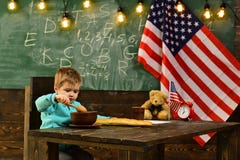America and usa concept. america with its symbol flag on inpendence day at school with small kid. Royalty Free Stock Photo America and usa concept. america with its symbol flag on inpendence day at school with small kid. Royalty Free Stock Photo