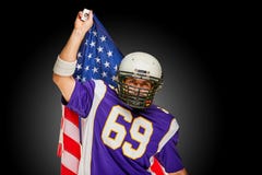 American Football Player with uniform and american flag proud of his country, on a white background. stock photos American Football Player with uniform and american flag proud of his country, on a white background. stock photos