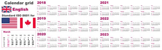 Amerikanischer Kalender Standard-US Englische Sprachmuster für 2018 2019 2020 2021 2022 2023 Wochenanfänge am Sonntag, USA stock abbildung Amerikanischer Kalender Standard-US Englische Sprachmuster für 2018 2019 2020 2021 2022 2023 Wochenanfänge am Sonntag, USA stock abbildung