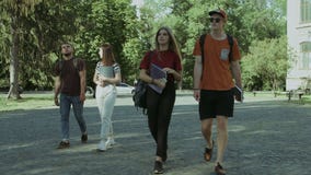 Amigos alegres do estudante que vão à universidade Amigos alegres do estudante que vão à universidade