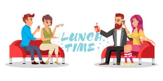 Amis ou collègues s'asseyant à la table avec les boissons et la pizza Temps de inscription azuré de déjeuner de vecteur illustration stock Amis ou collègues s'asseyant à la table avec les boissons et la pizza Temps de inscription azuré de déjeuner de vecteur illustration stock