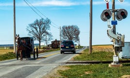 Amish Sztachetowej drogi Zapluskwiony przelotny skrzyżowanie zdjęcie royalty free Amish Sztachetowej drogi Zapluskwiony przelotny skrzyżowanie zdjęcie royalty free