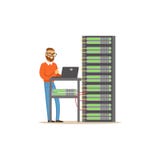 Amministratore dell'ingegnere della rete che lavora nel centro dati facendo uso del computer portatile per analizzare sistema, ve royalty illustrazione gratis Amministratore dell'ingegnere della rete che lavora nel centro dati facendo uso del computer portatile per analizzare sistema, ve royalty illustrazione gratis