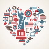 Amor de América - forma do coração com muitos ícones do vetor ilustração do vetor Amor de América - forma do coração com muitos ícones do vetor ilustração do vetor